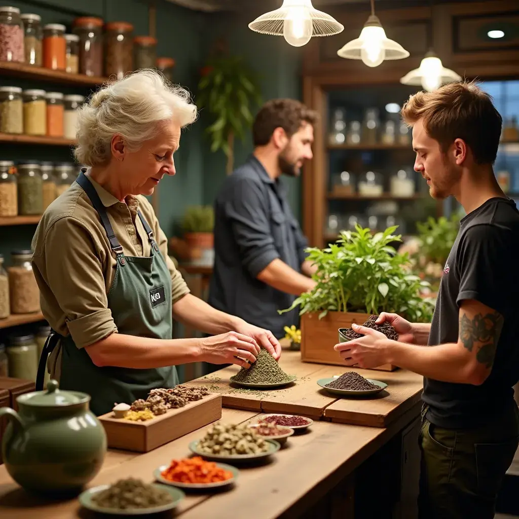 Fermier belge récoltant des herbes biologiques pour la préparation de tisanes.